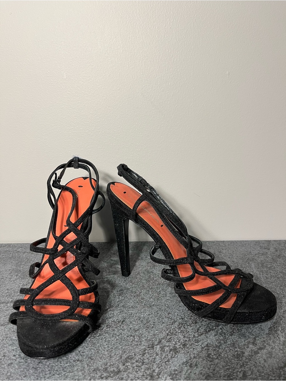 Via Spiga Women’s Black Strappy High Heel Sandals with Orange Insole